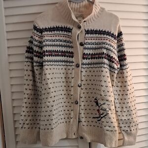 Vintage Nordic HEARTS Lands' End Cream and Navy Patterned Cardigan
